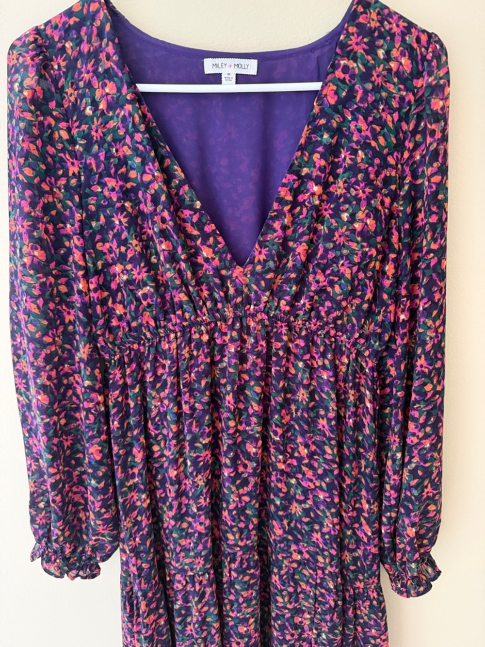 Miley + Molly Purple Floral V-Neck Tiered Maxi Dress with Pink & Green Print